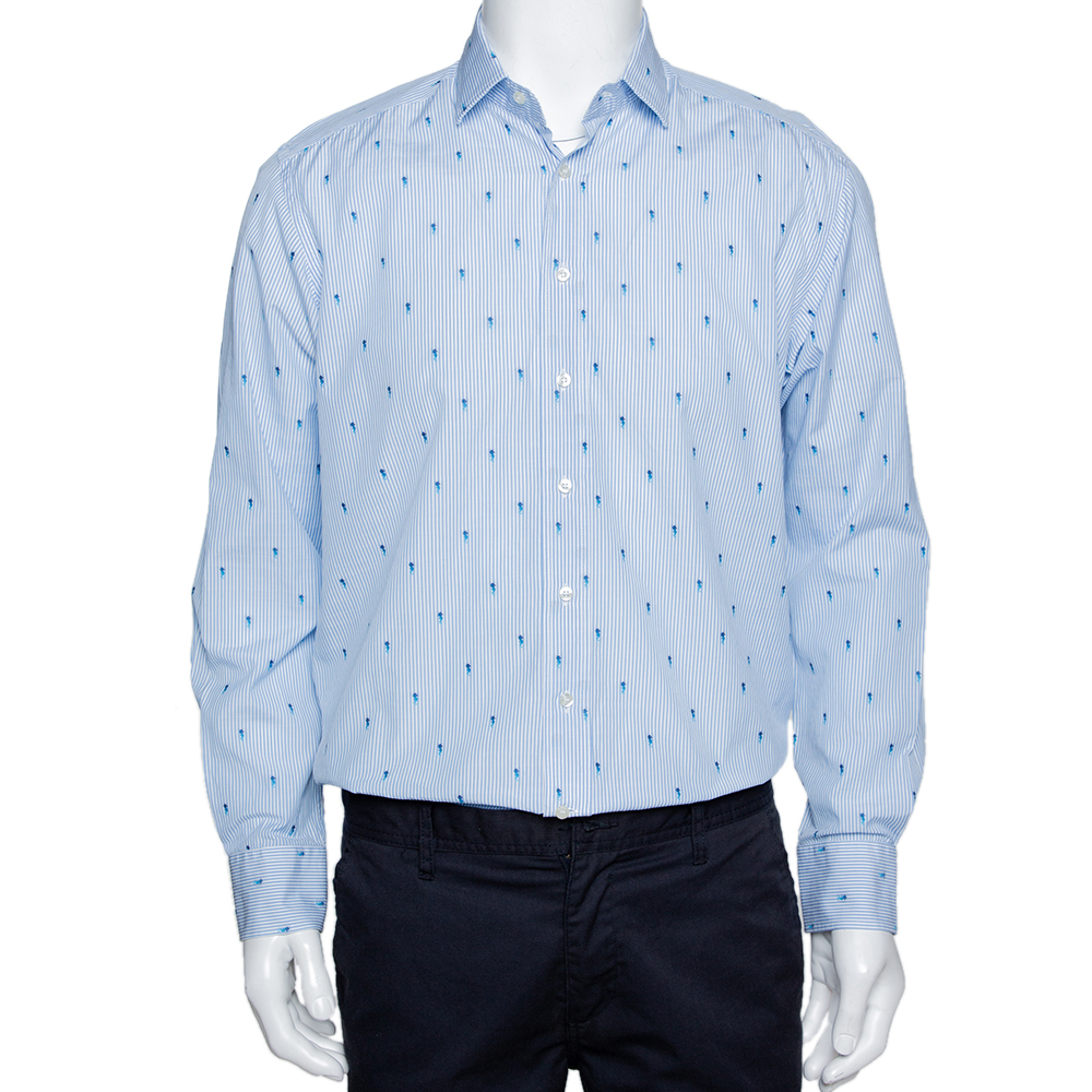 مملوكة مسبقًا Etro Light Blue Striped Seahorse Pattern Cotton Long Sleeve Shirt L