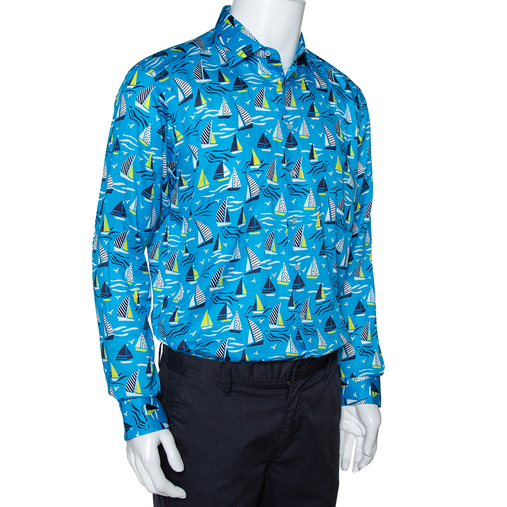 

Etro Blue Cotton Sail Boat Print Button Front Shirt