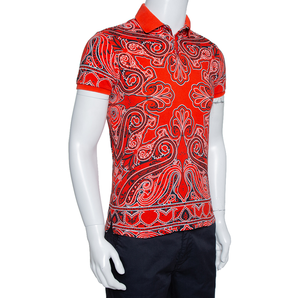 

Etro Coral Red Bandana Paisley Print Cotton Pique Polo T Shirt