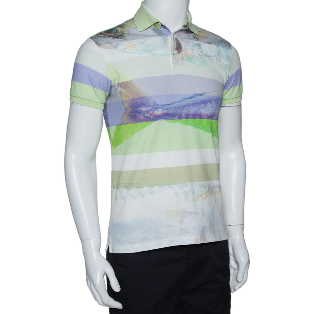 

Etro Light Green Striped Fish Print Cotton Polo T-Shirt