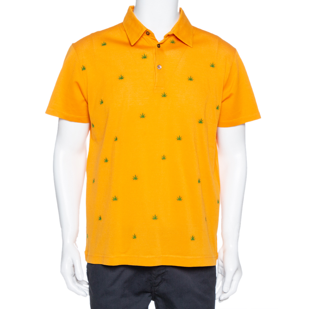 

Etro Honey Orange Leaf Embroidered Cotton Polo T-Shirt