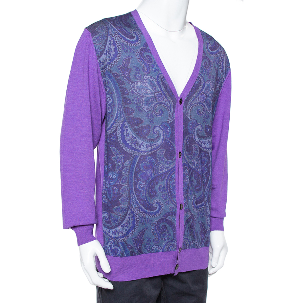 

Etro Purple Paisley Printed Wool Button Front Cardigan XL