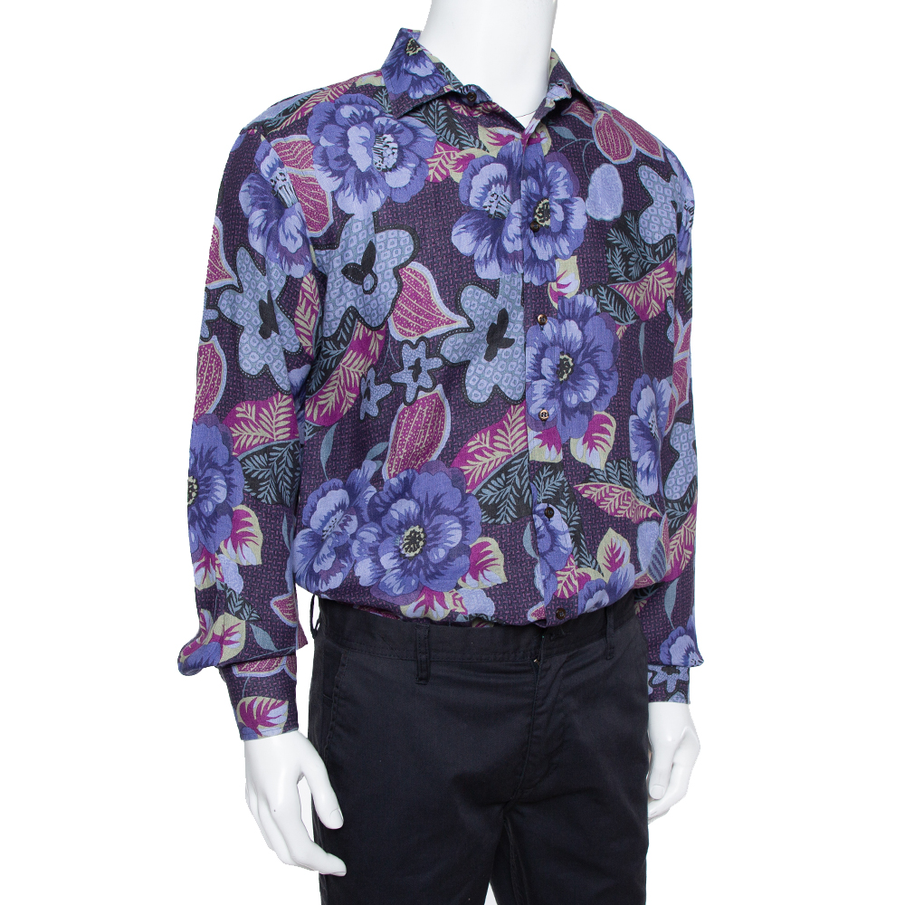 

Etro Blue Floral Printed Linen Button Front Shirt