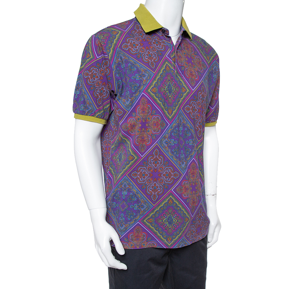 

Etro Purple Paisley Print Cotton Contrast Collar Polo Shirt