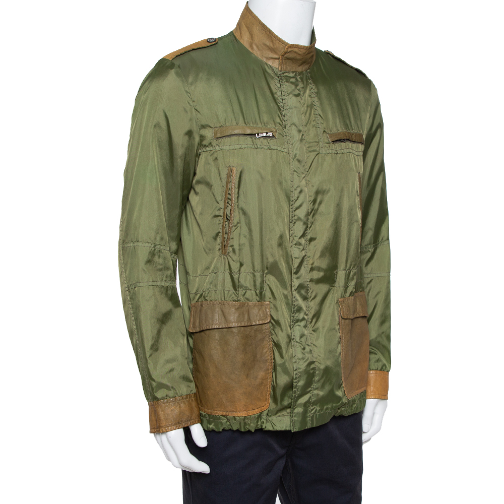 

Etro Green Synthetic Leather Detail Zipper Front Jacket