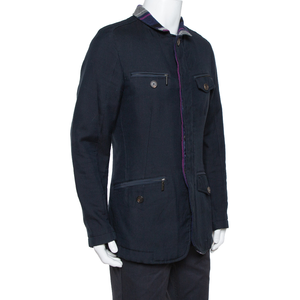 

Etro Navy Blue Cotton & Striped Wool Lined Zip Front Jacket