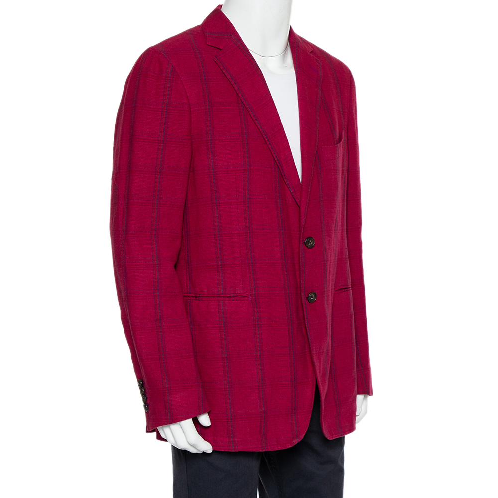 

Etro Magenta Plaided Linen & Cashmere Button Front Blazer, Pink