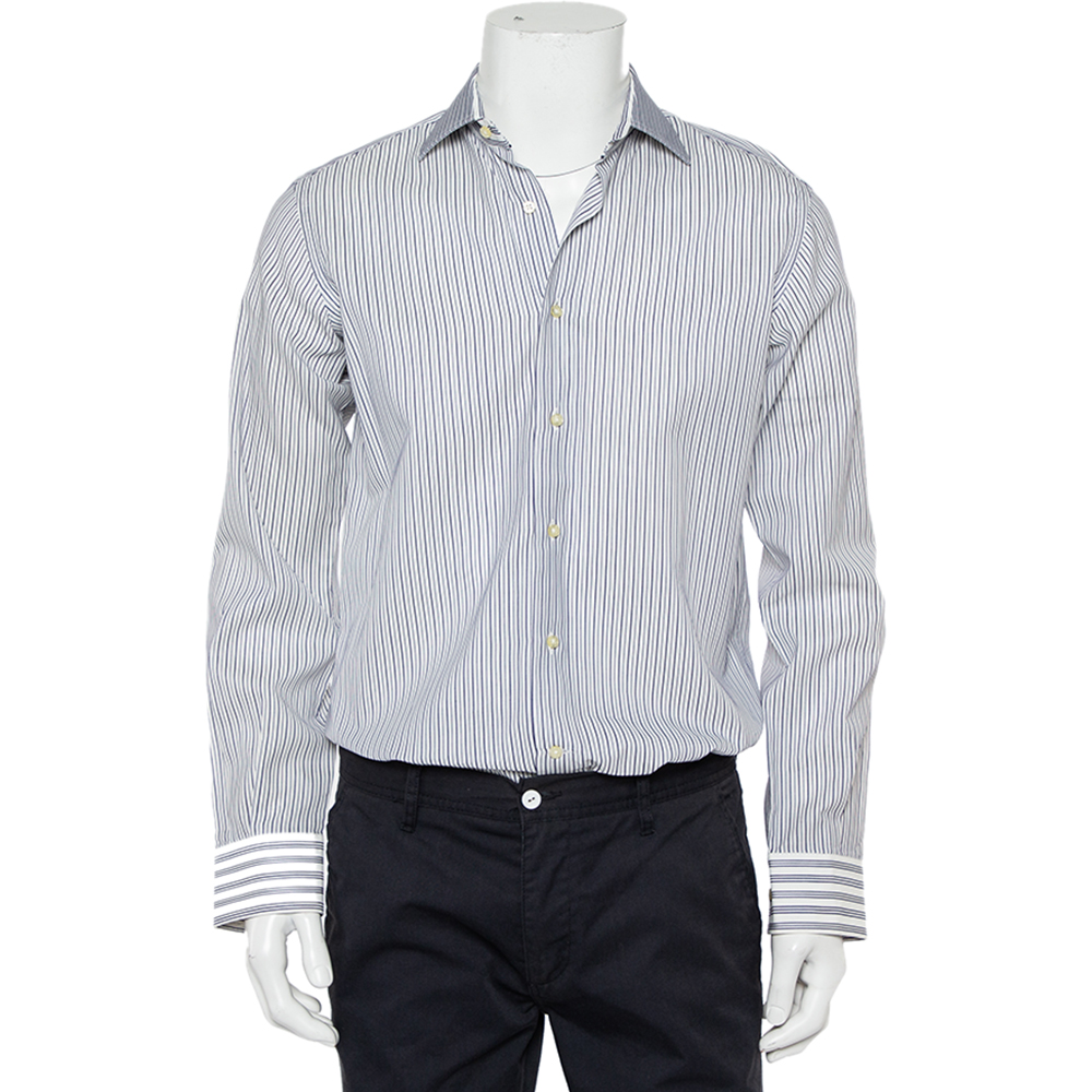 

Etro White & Navy Blue Striped Cotton Button Front Slim Fit Shirt