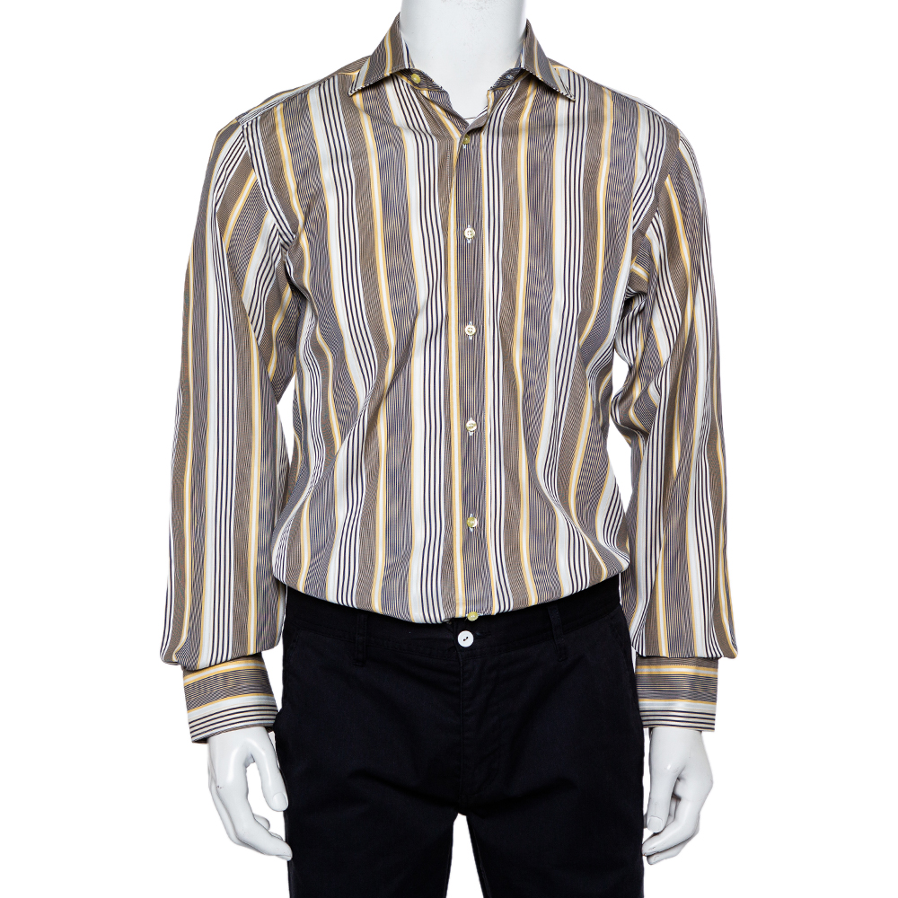 

Etro Yellow & Navy Blue Striped Cotton Button Front Shirt