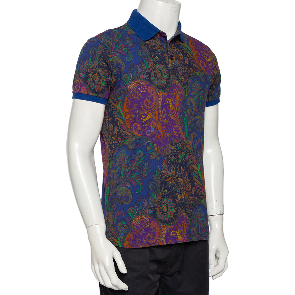 

Etro Blue Paisley Printed Cotton Pique Polo T-Shirt