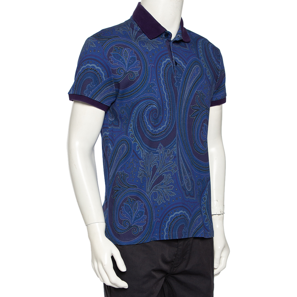 

Etro Blue Paisley Printed Cotton Knit Polo T-Shirt
