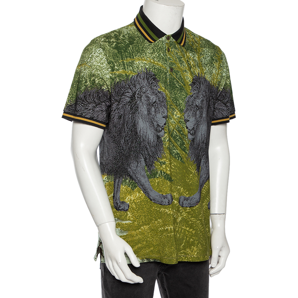 

Etro Grey & Green Cotton Pique Lion Print Polo T Shirt