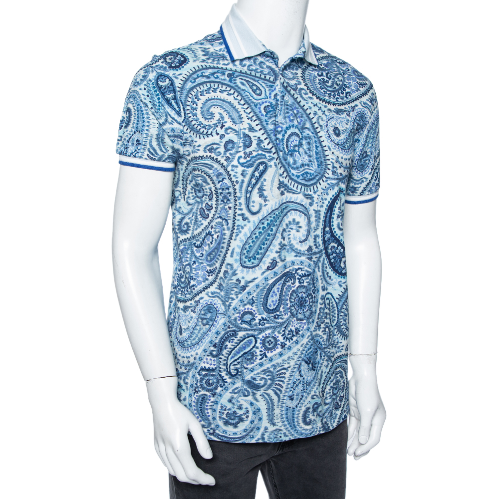 

Etro Blue Paisley Printed Cotton Pique Polo T-Shirt