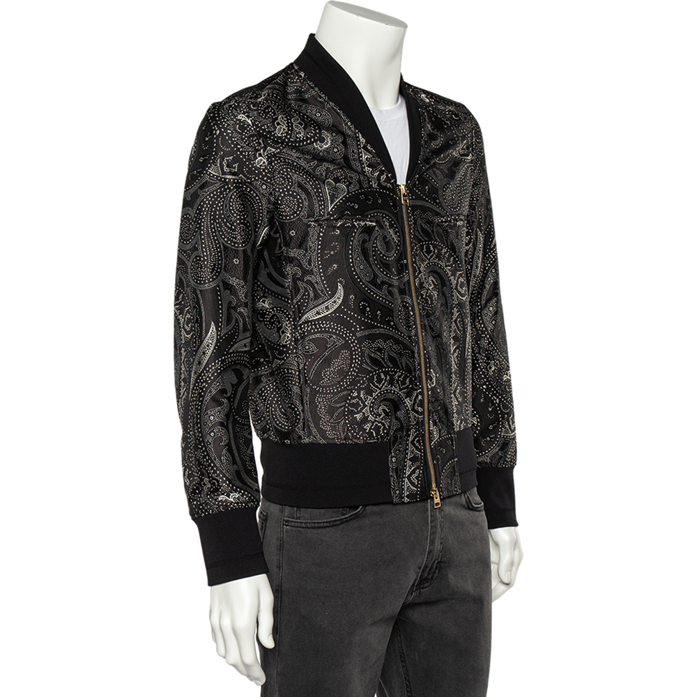 

Etro Black Paisley Printed Silk Rib Knit Trimmed Bomber Jacket