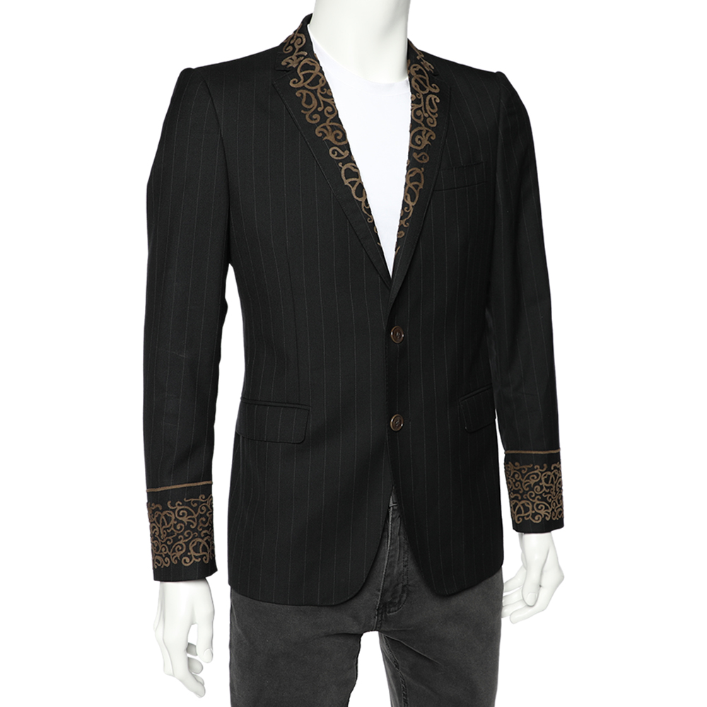 

Etro Black Striped Wool Leather Trim Blazer