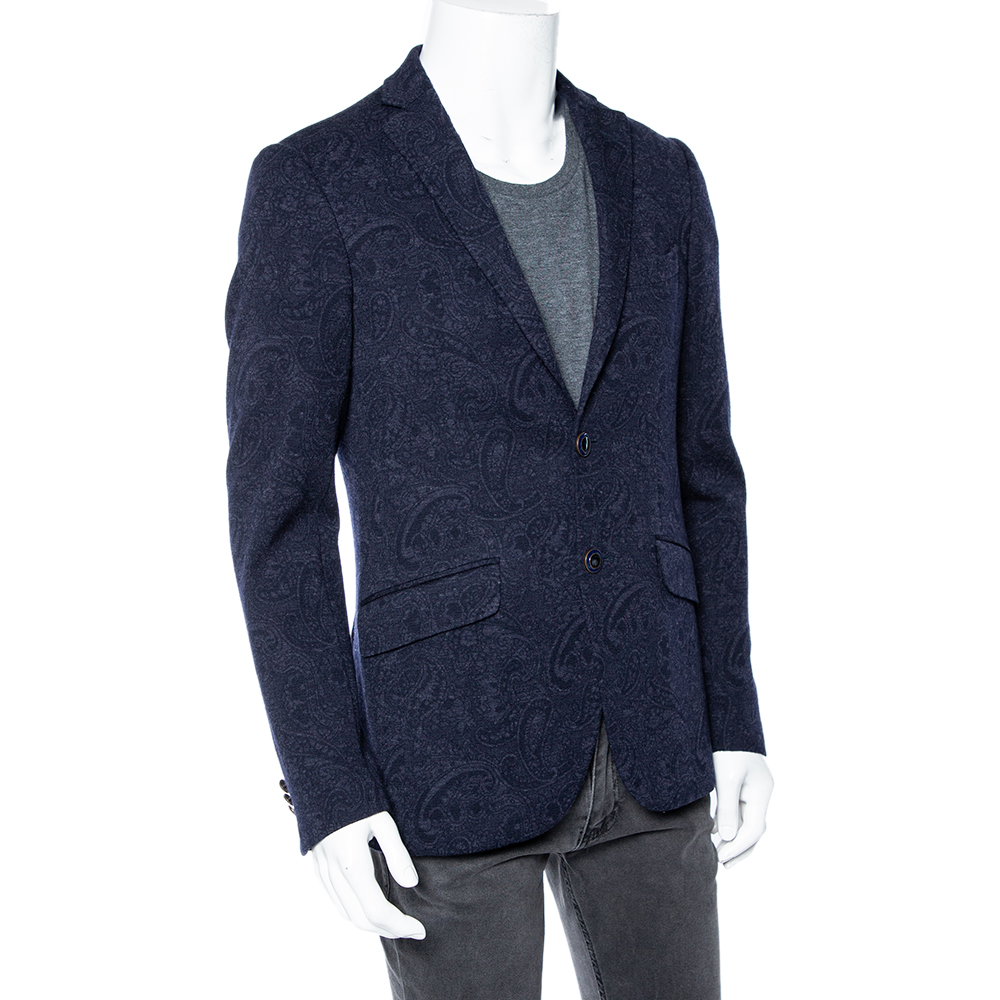 

Etro Navy Blue Paisley Jacquard Wool New Jersey Blazer