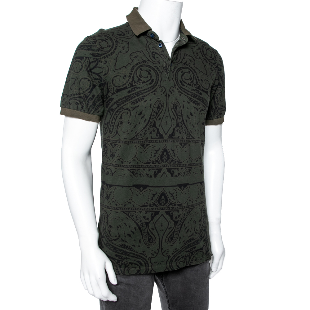 

Etro Green Paisley Printed Cotton Pique Polo T-Shirt