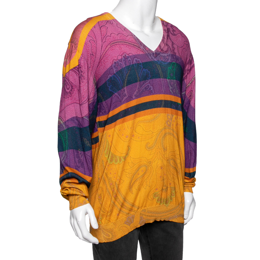 

Etro Multicolor Paisley Print Cotton Knit V-Neck Sweater 2XL