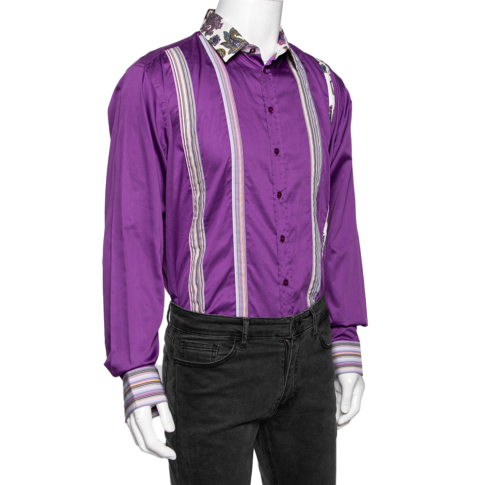

Etro Purple & Paisley Print Pleat Detail Cotton Button Front Shirt