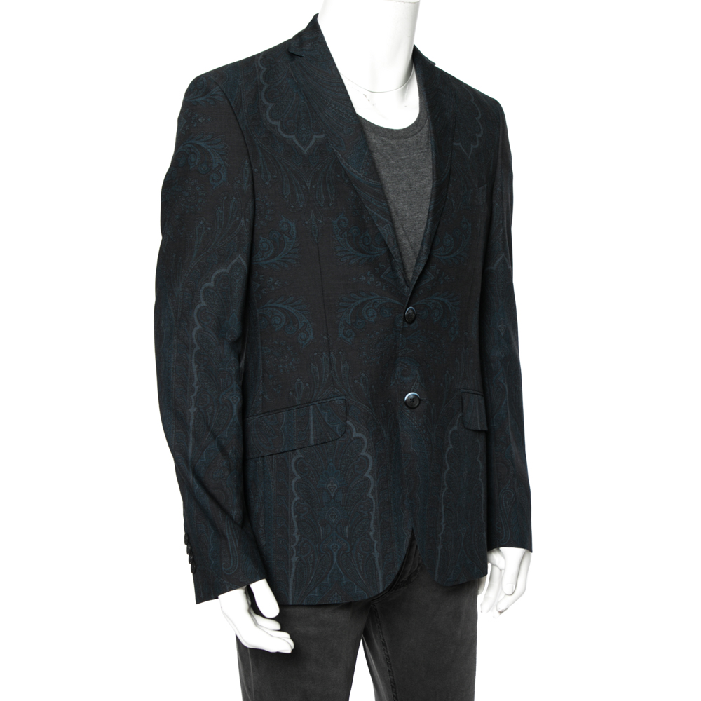 

Etro Navy Blue Paisley Printed Wool Superleggera Blazer