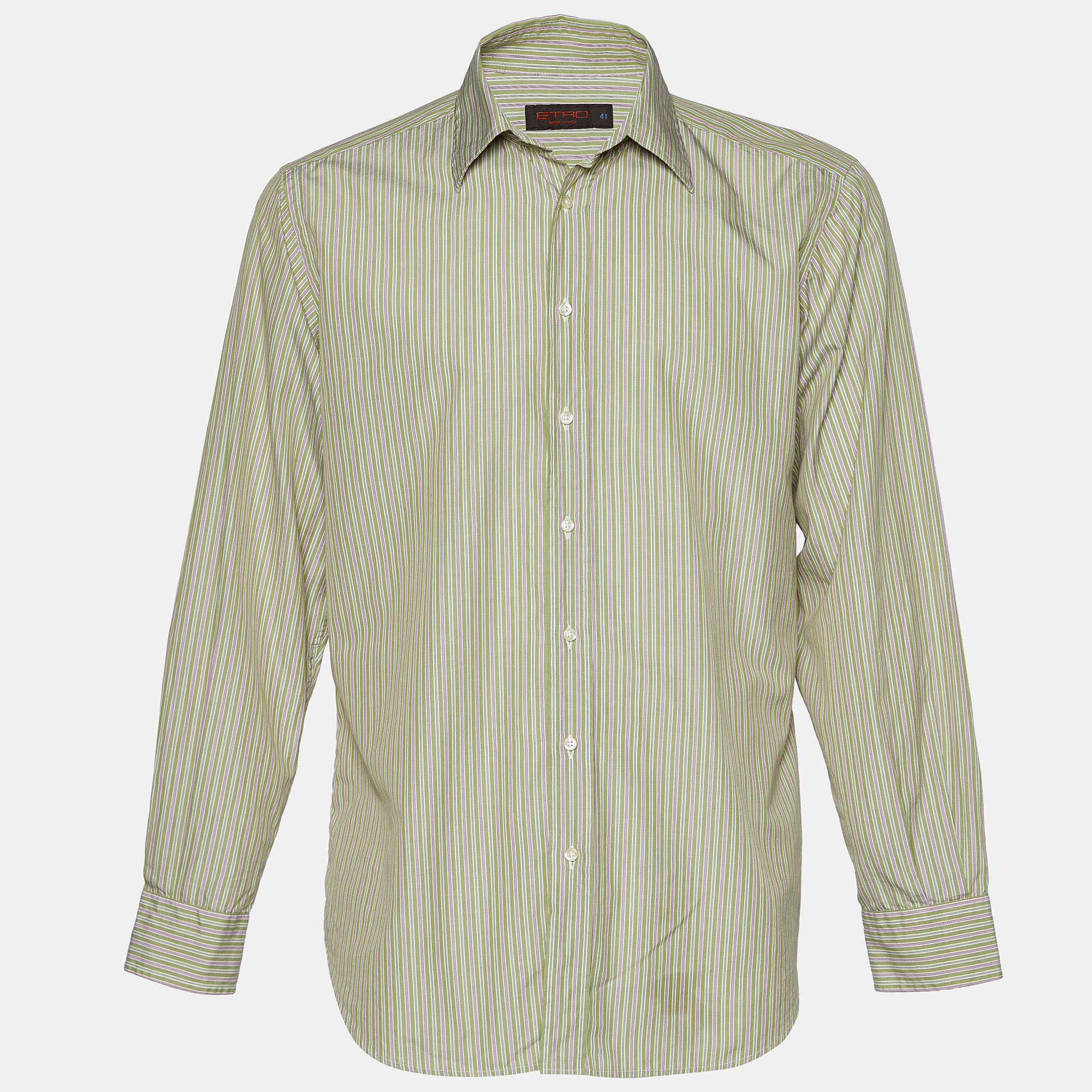 Pre-owned Etro Green Striped Cotton Button Front Shirt L