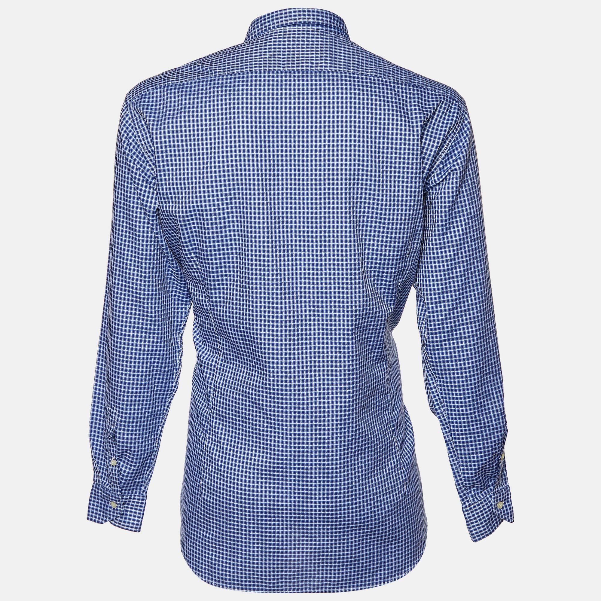 

Etro Blue Square Pattern Cotton Button Front Shirt 2XL
