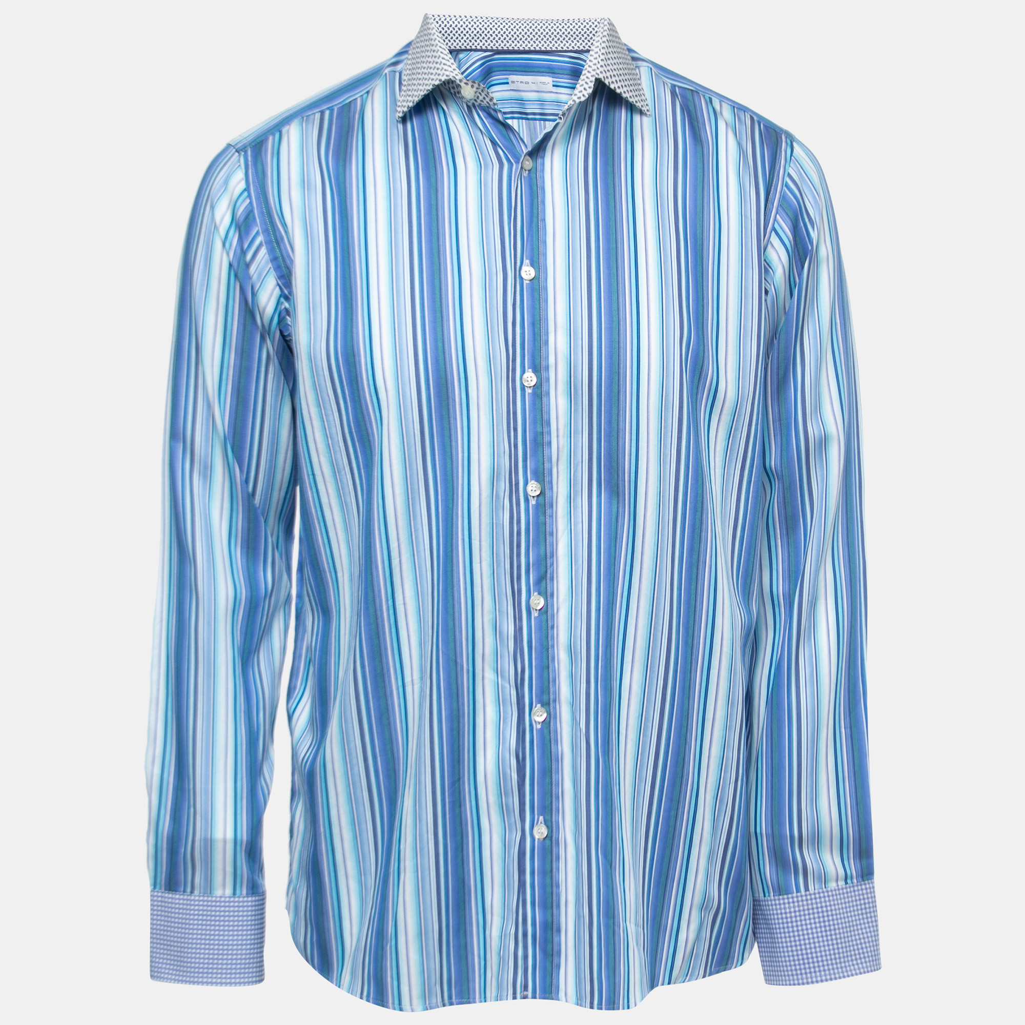 Pre-owned Etro Blue Striped Cotton Contrast Collar & Cuff Full Sleeve Shirt L