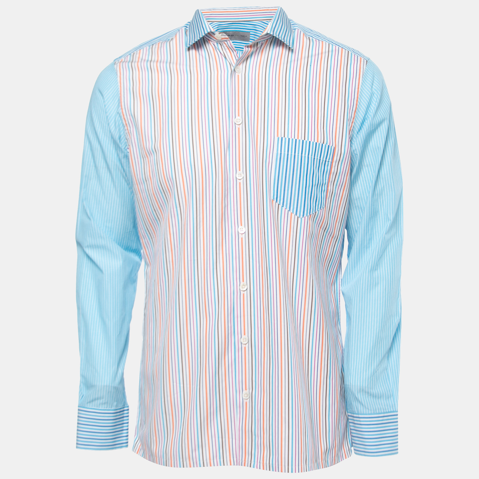 Pre-owned Etro Blue Multicolor Striped Cotton Button Front Shirt L