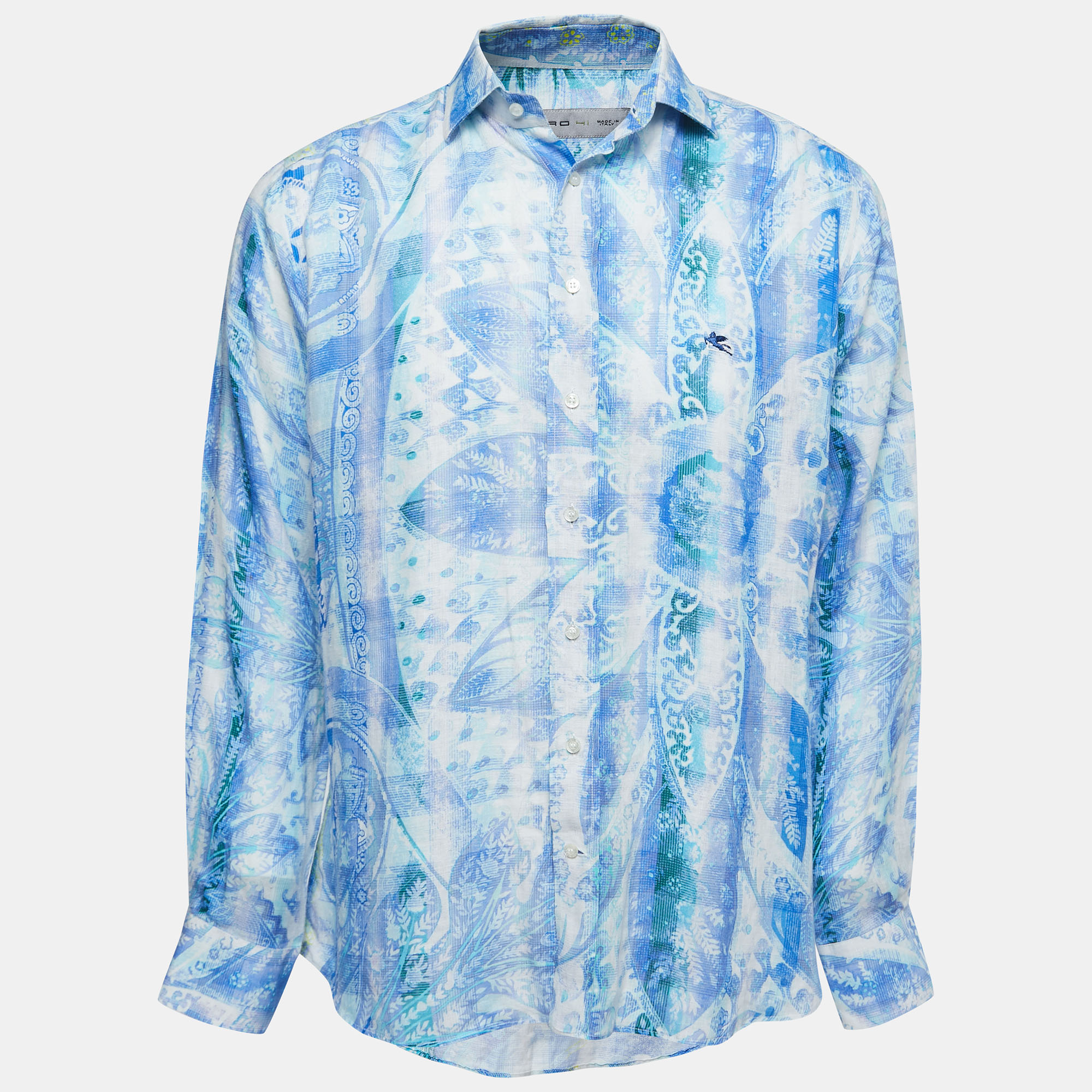 Pre-owned Etro Blue Printed Linen Full Sleeve Shirt L