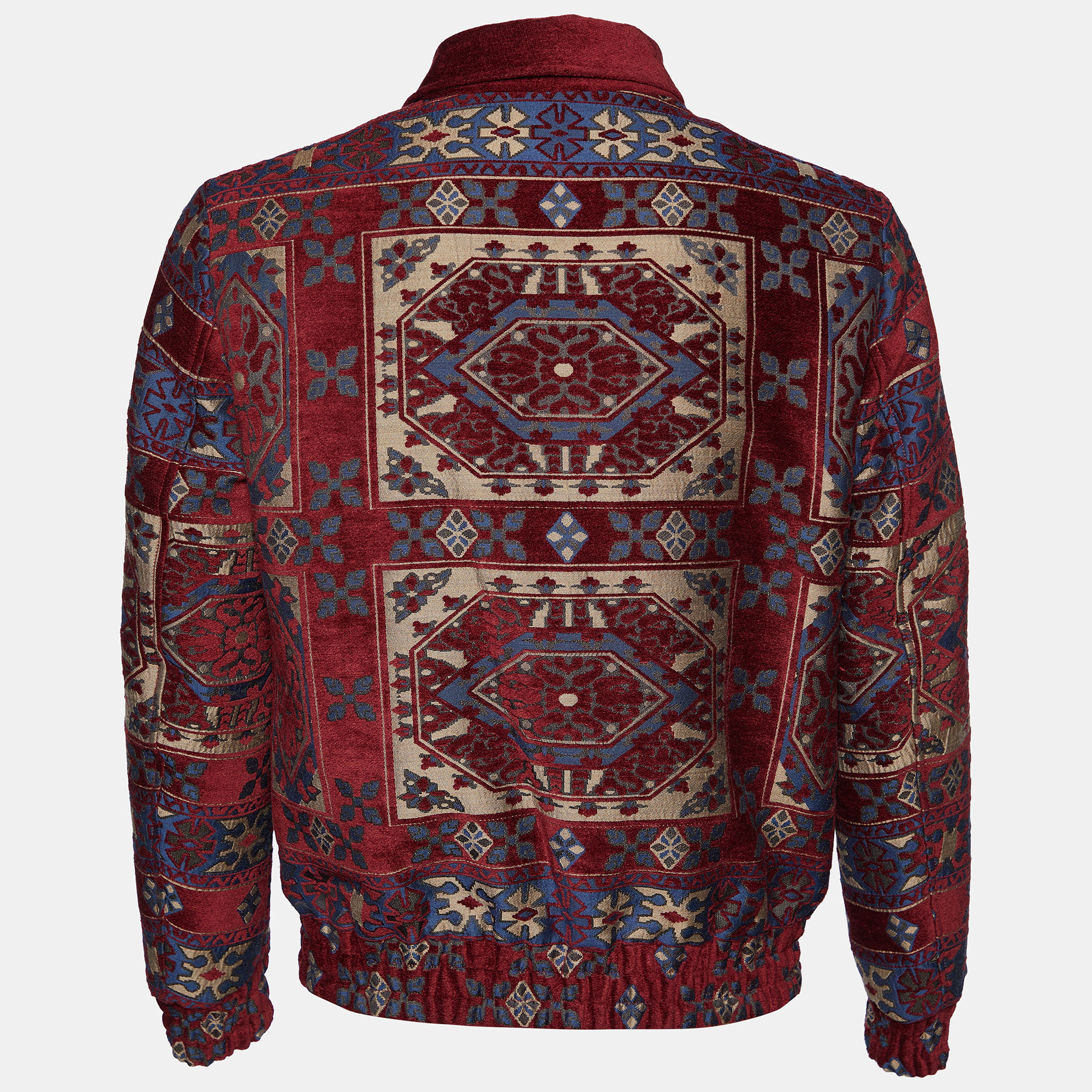 

Etro Maroon Red Wool & Modal Tribal Pattern Bomber Jacket