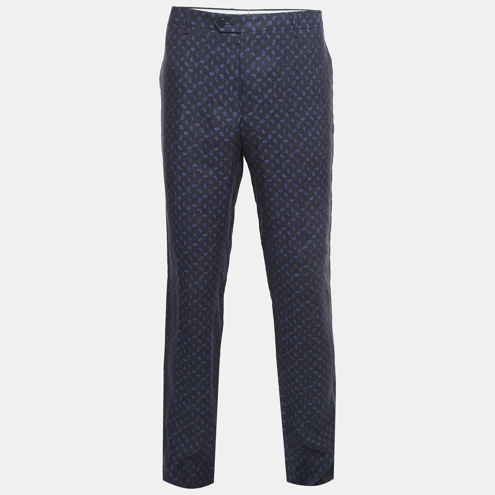 

Etro Navy Blue Paisley Printed Linen Trouser XXL