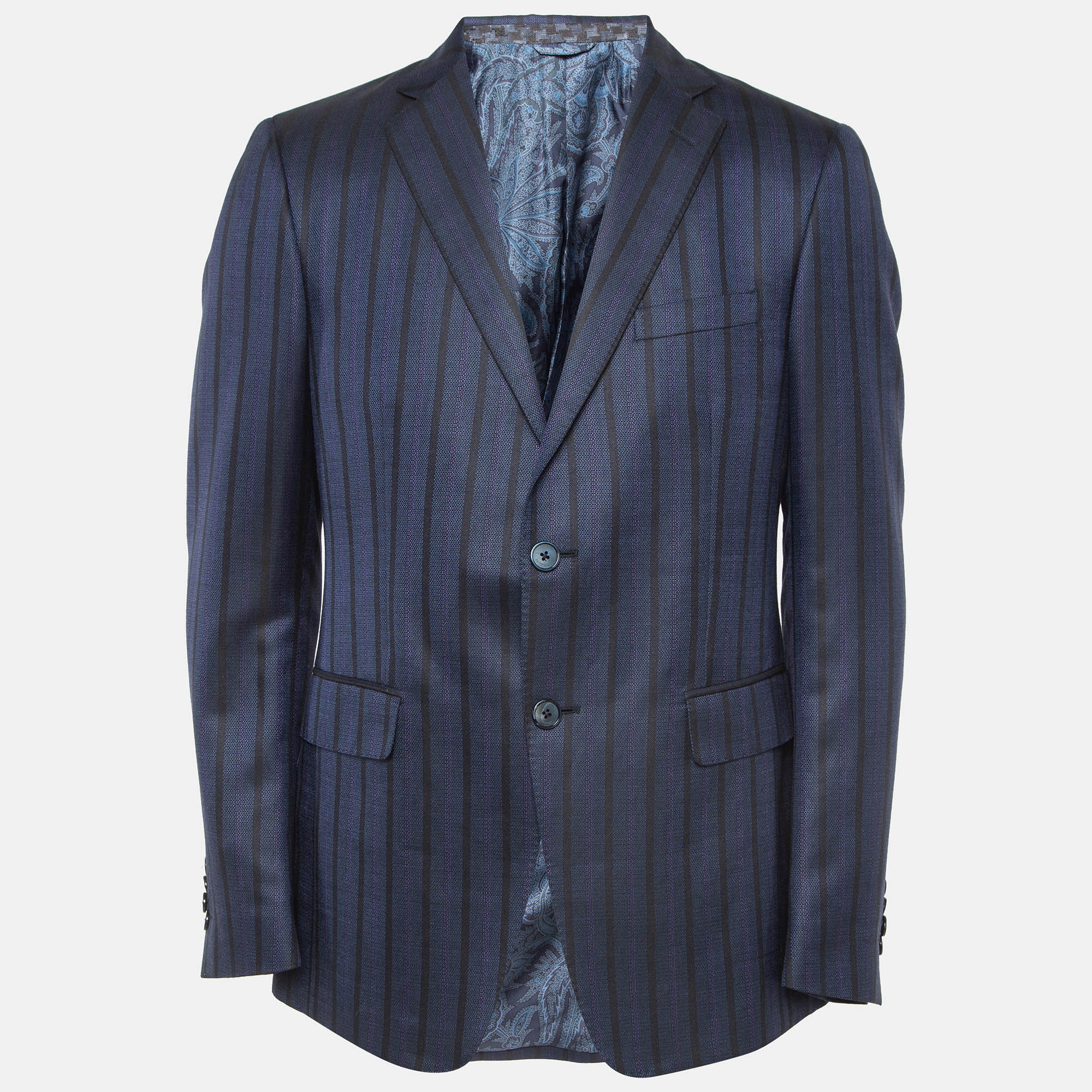 

Etro Navy Blue Striped Wool and Silk Single Breasted Blazer L