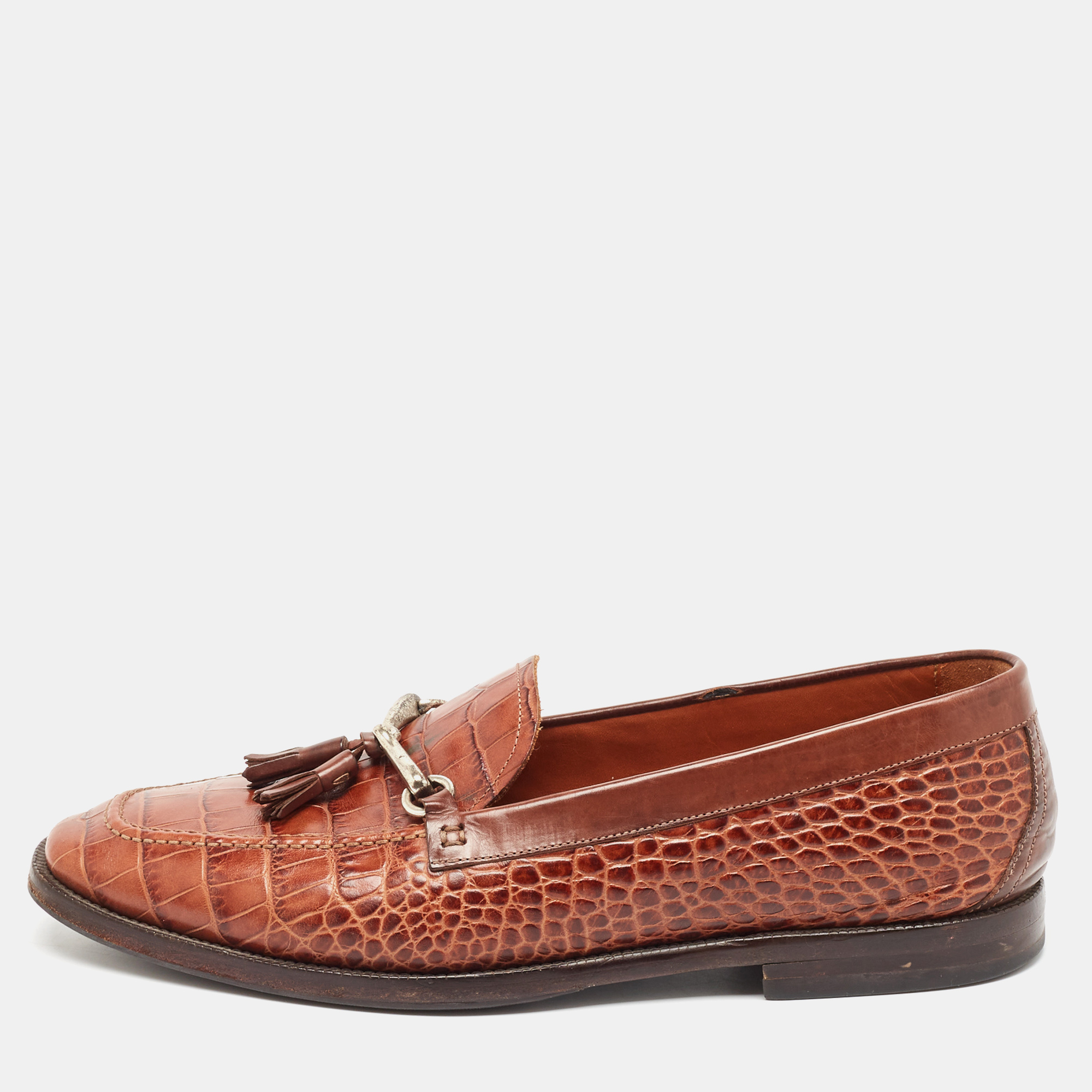 

Etro Brown Embossed Crocodile Tassel Buckle Loafers Size