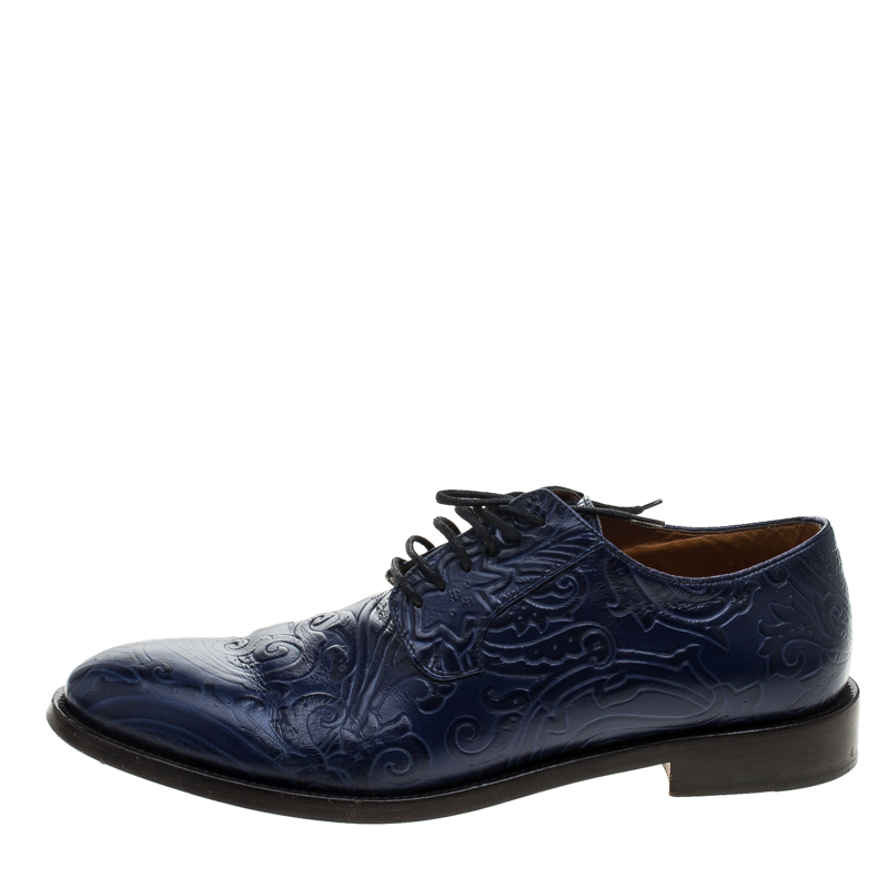 

Etro Blue Paisley Embossed Leather Lace Up Derby Size