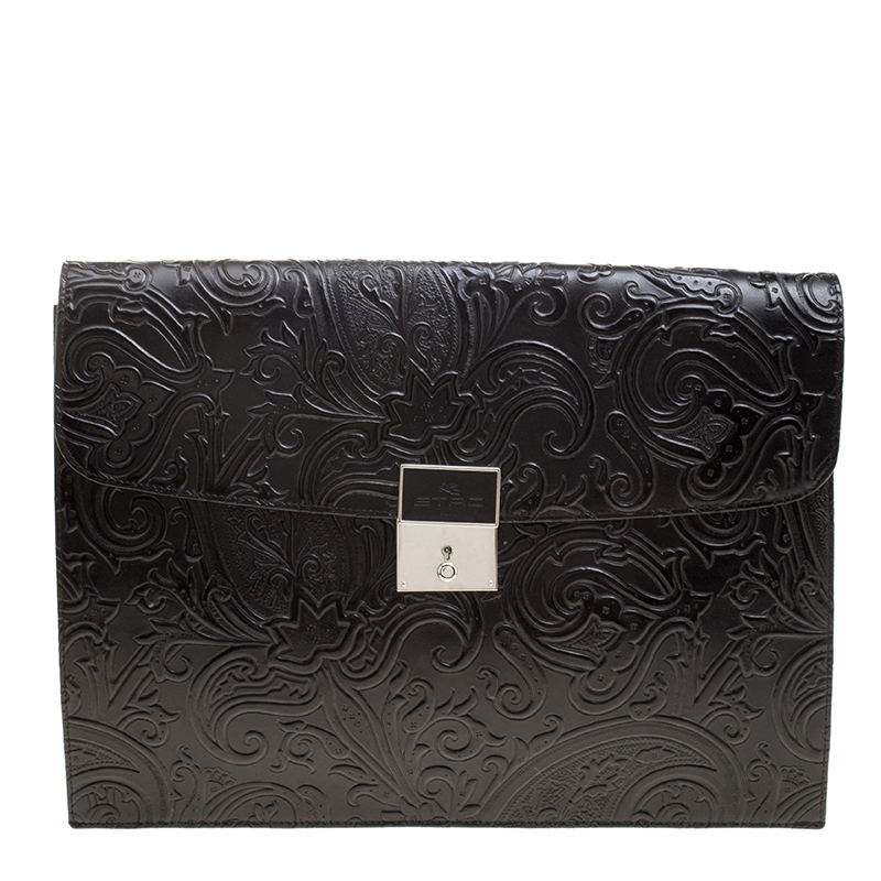Etro Black Paisley Embossed Leather Document Case