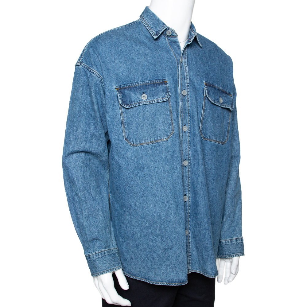 

Fear Of God Indigo Light Wash Denim Long Sleeve Shirt, Blue