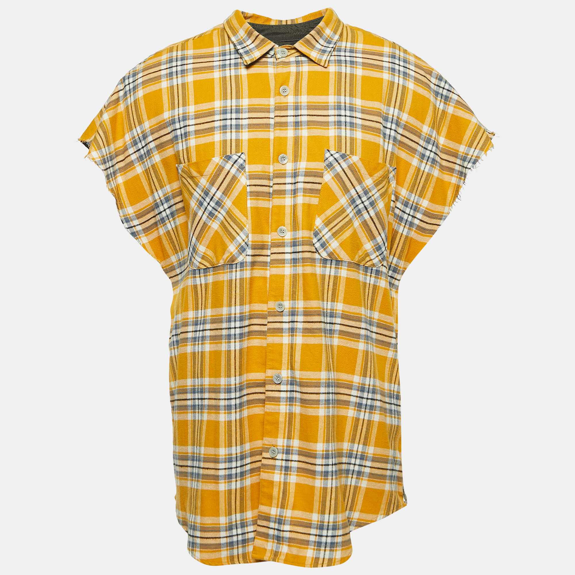 Pre-owned Fear Of God Yellow Tartan Wool Button Front Cutoff Shirt Xxl