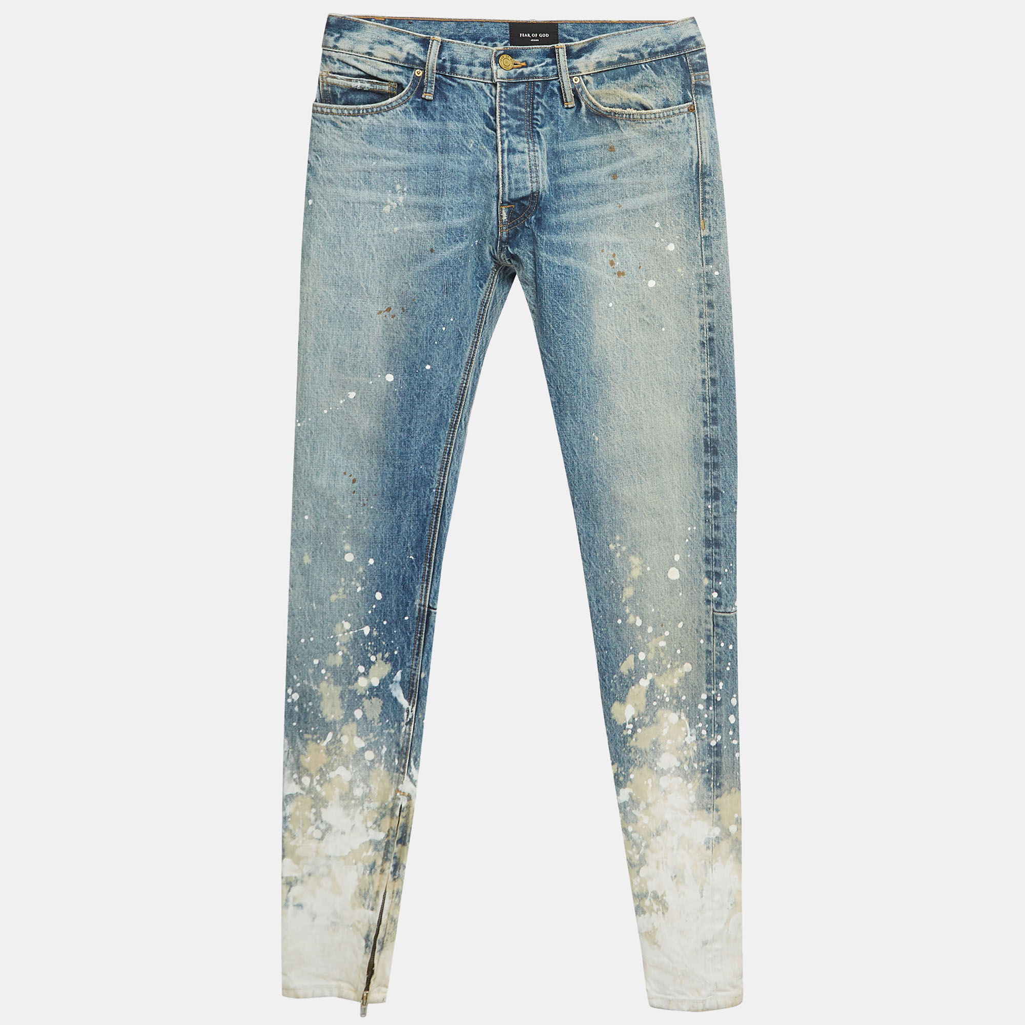 Pre-owned Fear Of God Blue Paint Splatter Denim Jeans M Waist 32''