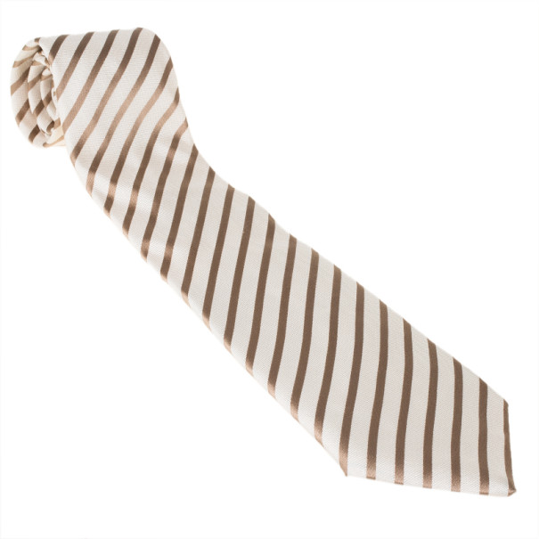 Pre Owned Fendi Cream Striped Silk Tie