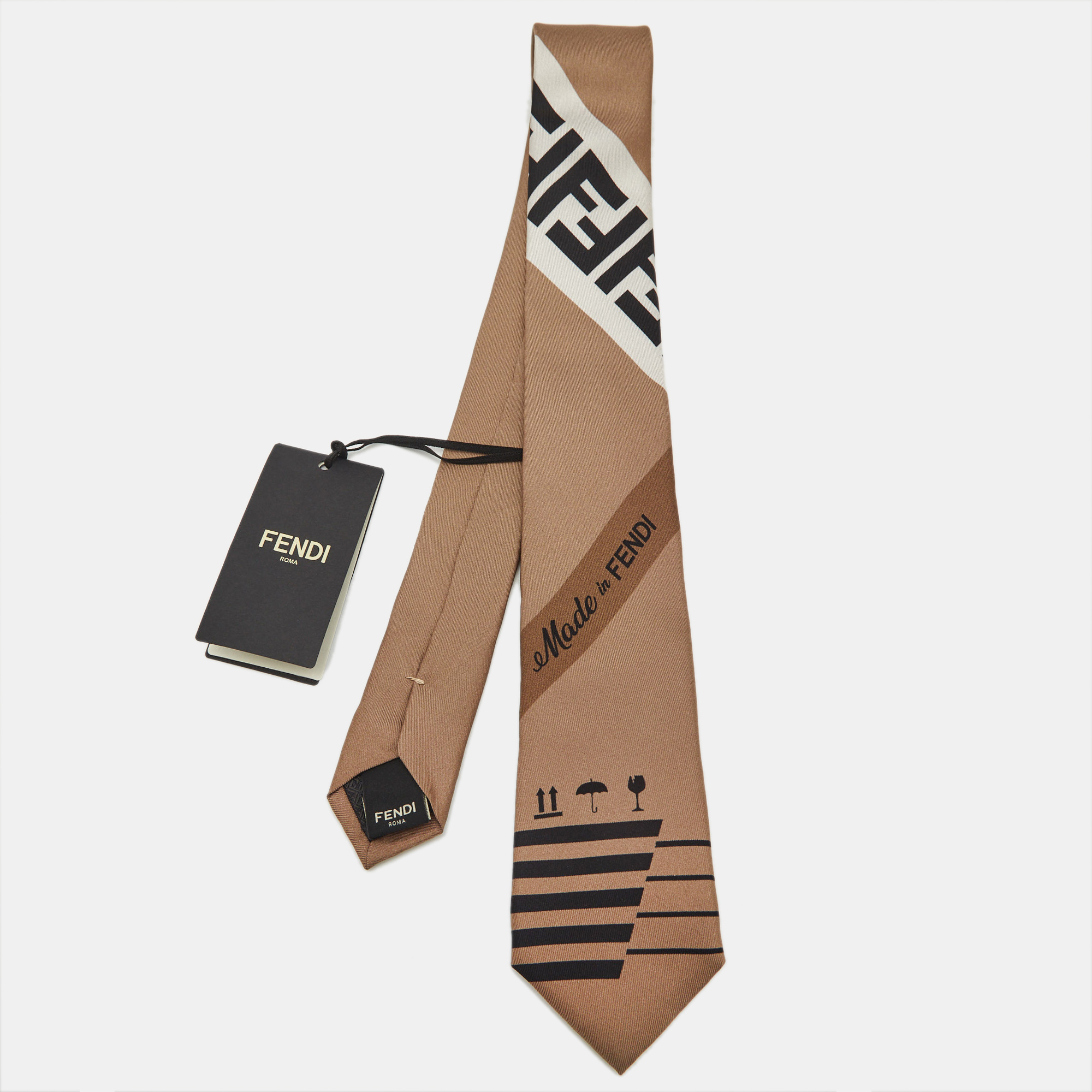 

Fendi Brown Made in Fendi Print Silk Tie