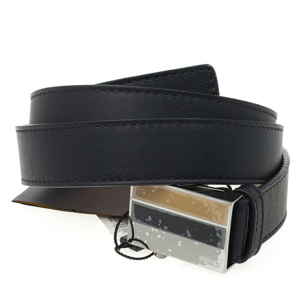 Pre Owned Fendi Black Leather Striped Enamel Sliding Buckle Belt Size 36