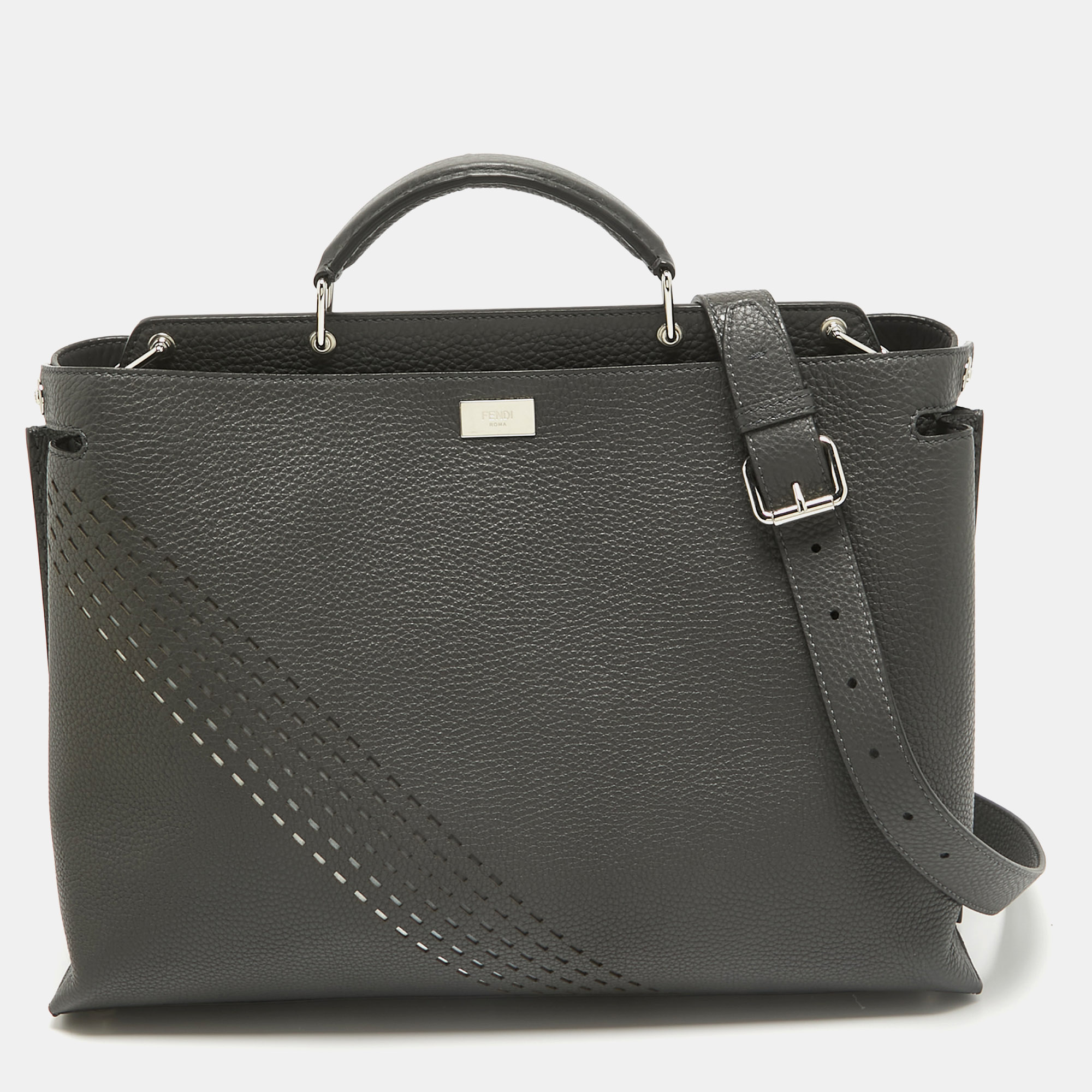 

Fendi Grey Leather Large Peekaboo Iconic Essential Briefcase