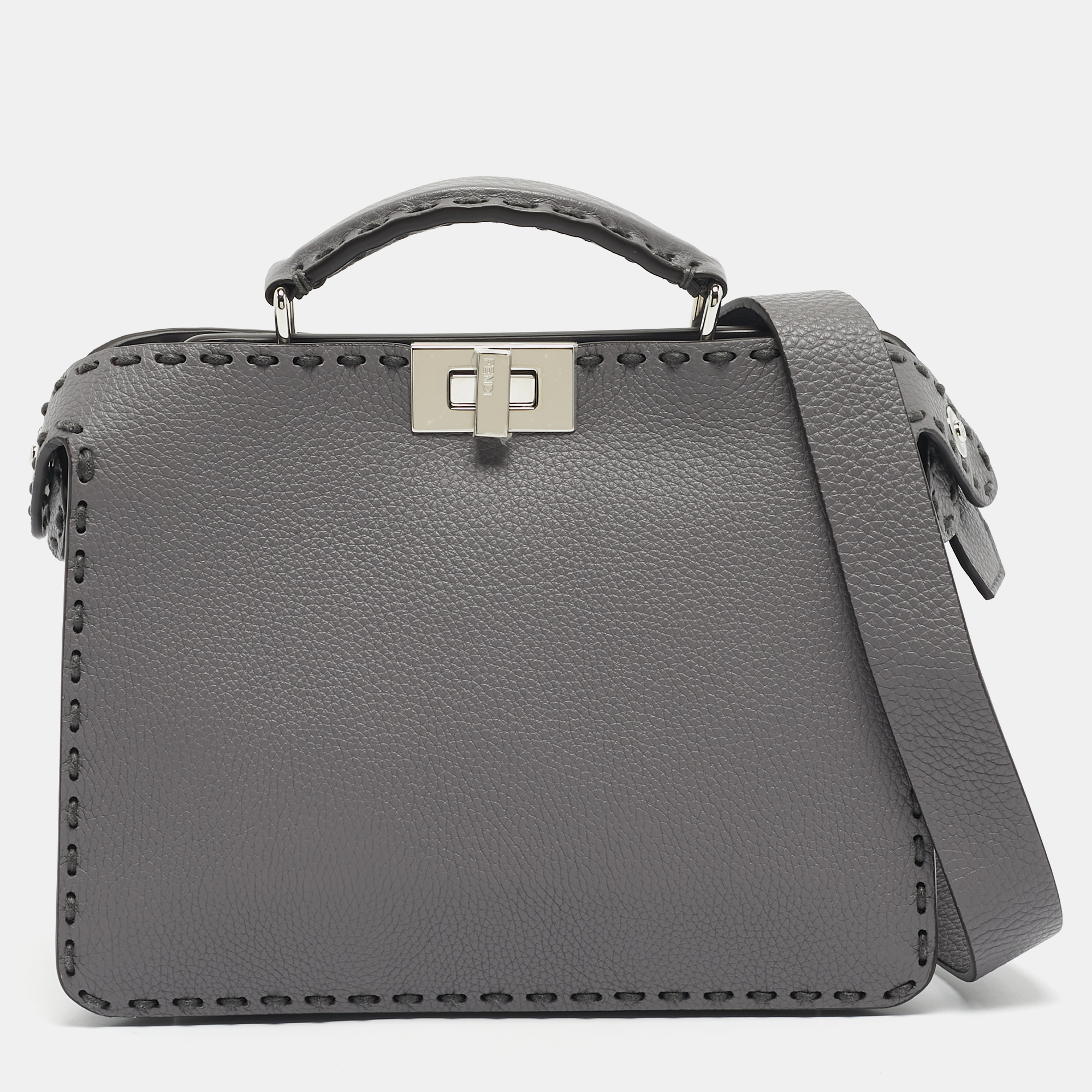 

Fendi Grey Selleria Leather Mini Peekaboo ISeeU Top Handle Bag
