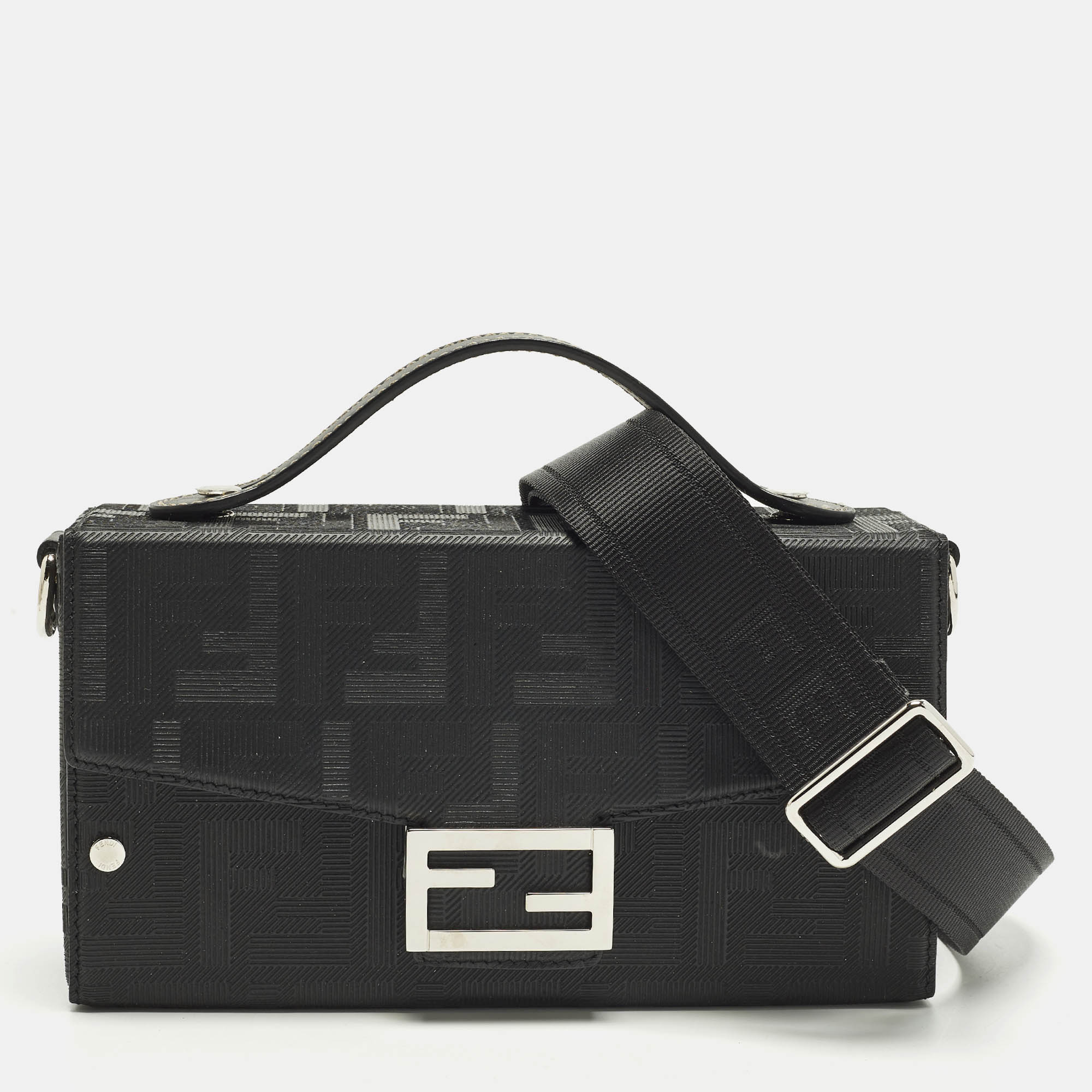 

Fendi Soft Trunk Baguette Black FF Embossed Leather Bag