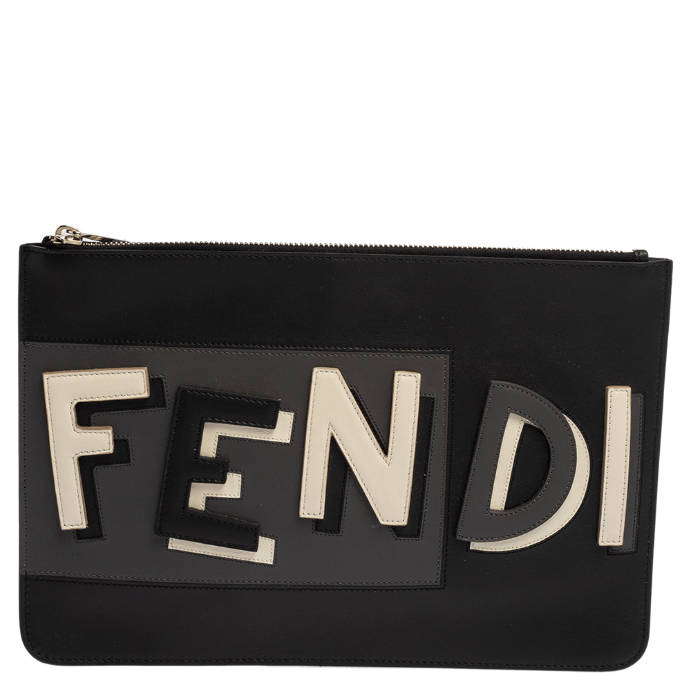 Pre-owned Fendi Black Leather Vocabulary 3d Logo Zip Pouch