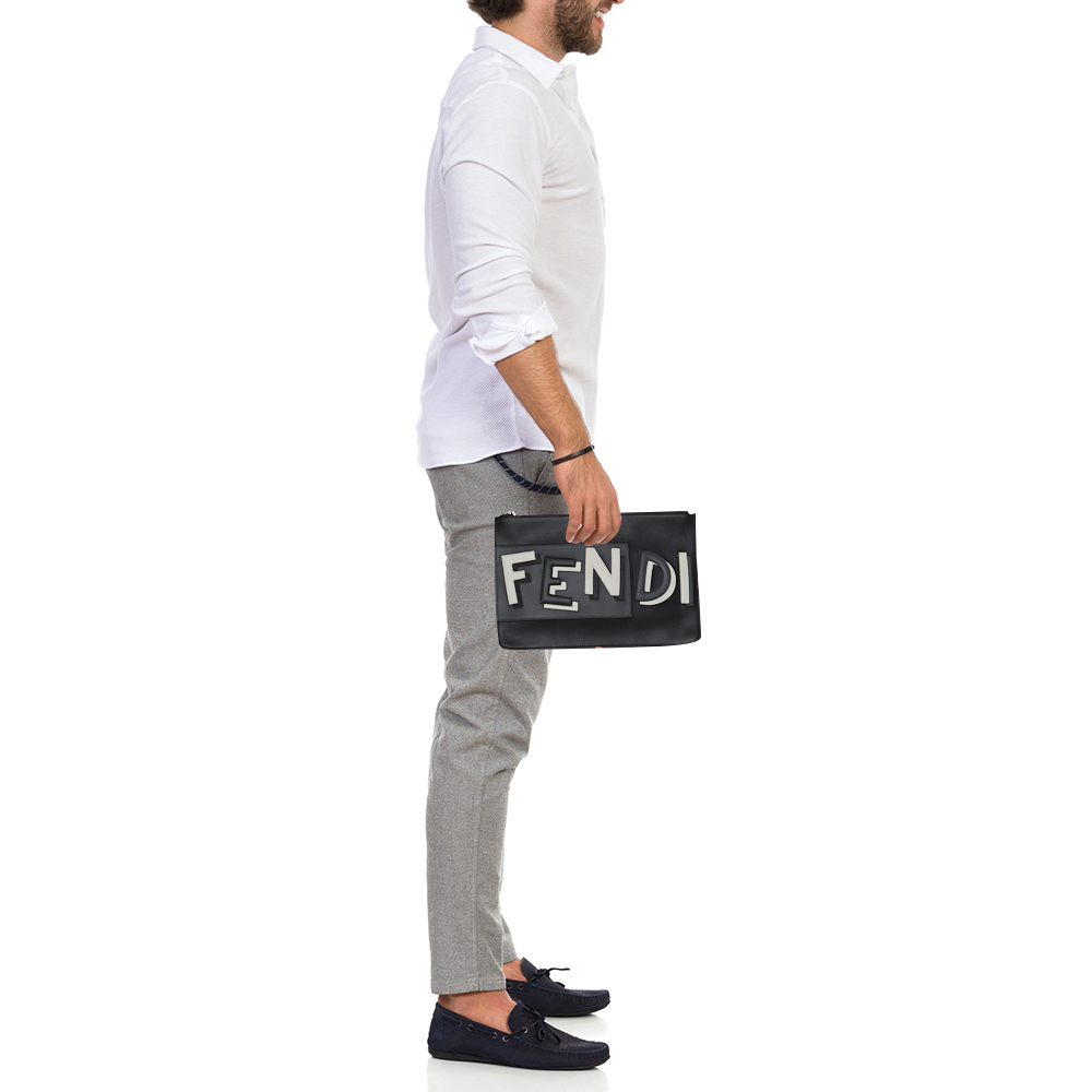

Fendi Black Leather Vocabulary 3D Logo Zip Pouch