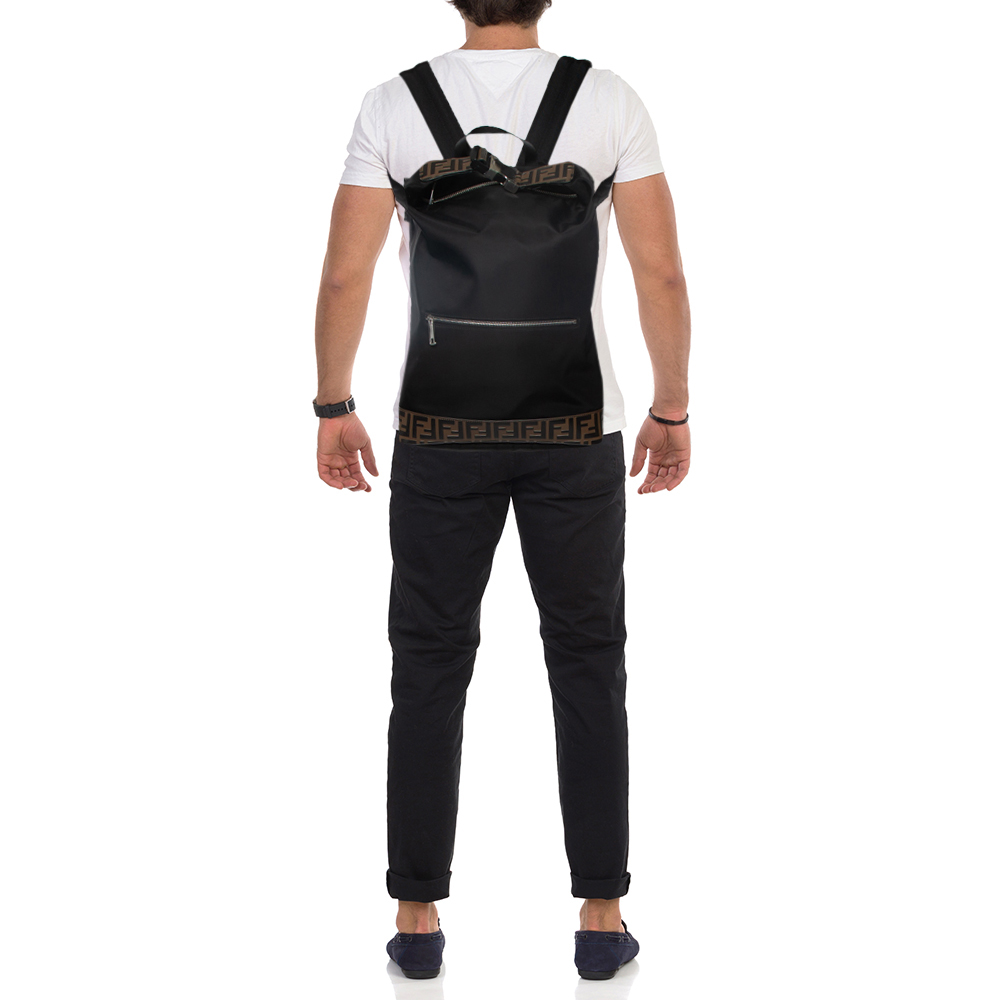

Fendi Black/Tobacco Zucca Leather Trim and Nylon Zaino Santander Backpack