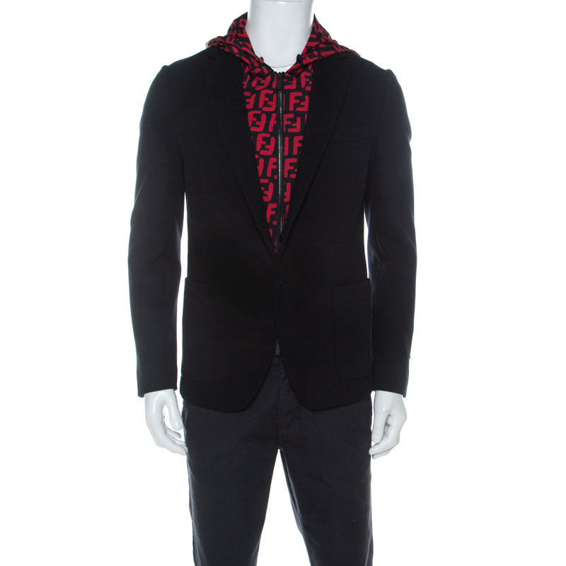 Fendi Black and Red Stretch Jersey Zucca Printed Hooded Blazer L