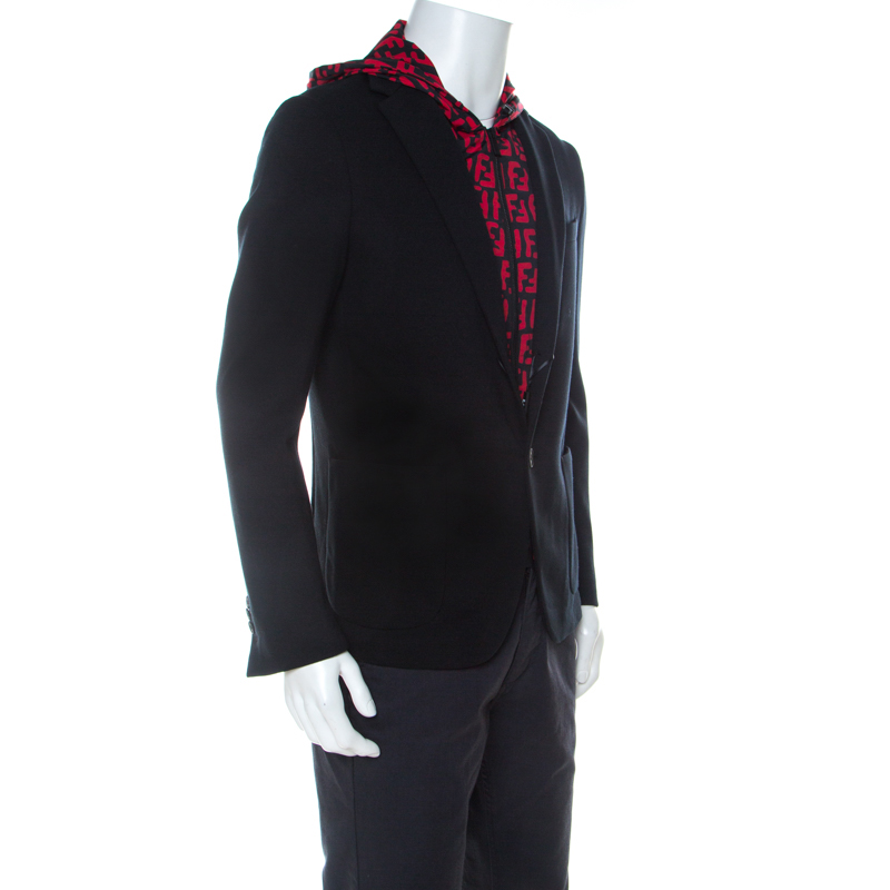 

Fendi Black and Red Stretch Jersey Zucca Printed Hooded Blazer