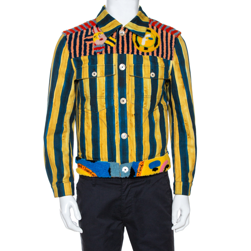 Fendi Yellow & Blue Stripe Print Canvas Fur Detail Jacket S